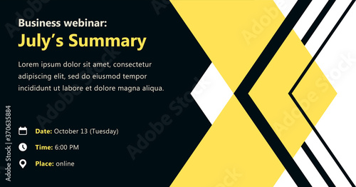 Business webinar vector summary with icons. Banner design template for the webinar, conference, e-mail, flyer, meetup, party, event, web header