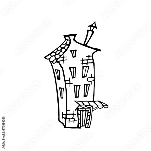 Vector illustration of multistory house with chimney, tile on the roof. Doodle isolated on white background.