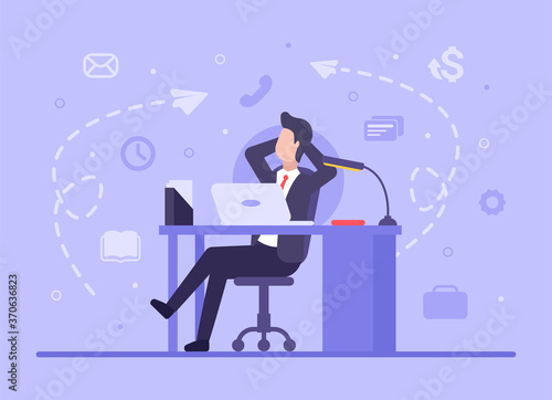 Business chilling out concept. Vector flat businessman sits at a work table and rests from business-related affairs. Rest after a hard day at work. Web banner on sites and smartphones. EPS 10.