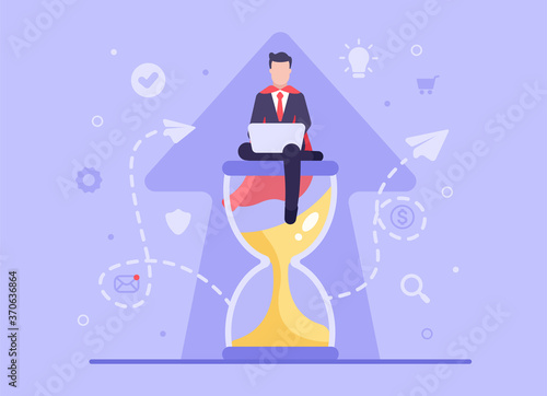 Business deadline concept. Vector flat businessman with a raincoat behind his back sits on an hourglass and works to improve business before time runs out. Web banner on sites and smartphones. EPS 10.