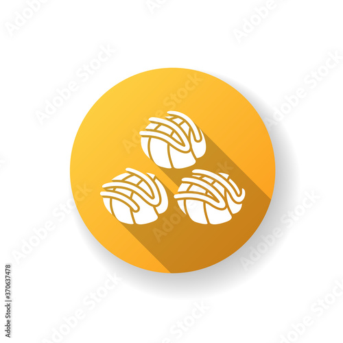 Profiteroles flat design long shadow glyph icon. Cream puffs with chocolate sauce. National French sweets. Traditional cuisine of France. Authentic European food. Silhouette RGB color illustration