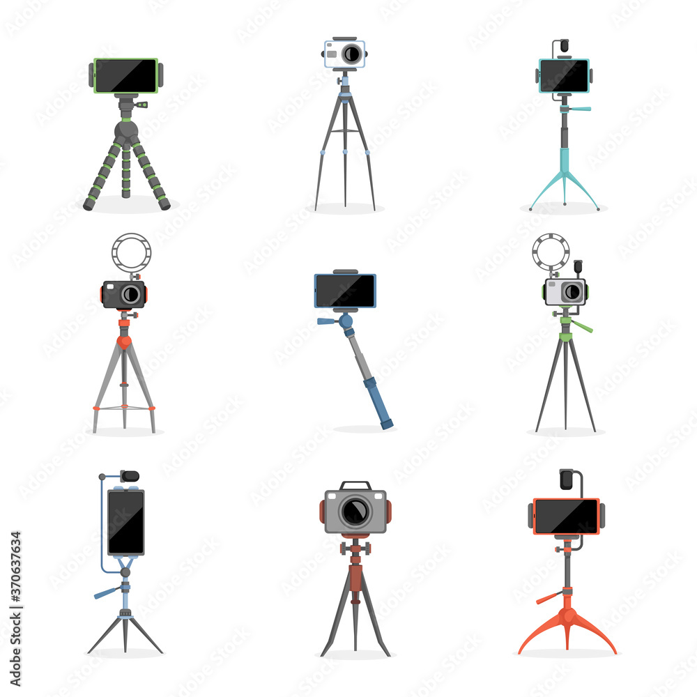 Set of tripods, monopods for a selfie with smartphones and cameras. Vector flat illustration of photography equipment. Professional photo devices, selfie sticks isolated on white background. Set of tripods, monopods for a selfie with smartphones and cameras. Vector flat illustration of photography equipment. Professional photo devices, selfie sticks isolated on white background.