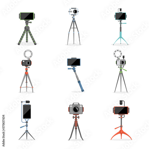 Set of tripods, monopods for a selfie with smartphones and cameras. Vector flat illustration of photography equipment. Professional photo devices, selfie sticks isolated on white background.