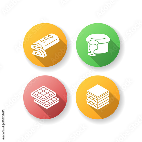 European desserts flat design long shadow glyph icons set. Austrian apple strudel. Chocolate lava cake. Brussels, Belgian waffles. Classic Tiramisu. Silhouette RGB color illustration