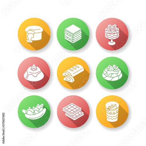 Traditional desserts flat design long shadow glyph icons set. European cuisine. Italian and French sweets. Pavlova. Apple strudel. Belgian waffles. Silhouette RGB color illustration