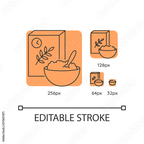 Breakfast and cereal orange linear icons set. Fresh muesli in bowl. Flakes products. Thin line customizable 256, 128, 64 and 32 px vector illustrations. Contour symbols. Editable stroke
