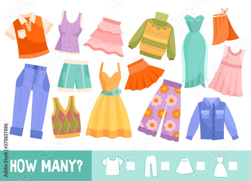 Colorful educational kids puzzle with clothing or garments isolated on white and text How Many, colored vector illustration