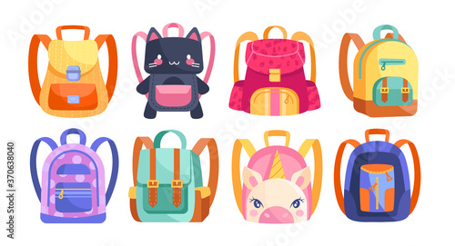 Set of eight different colourful kids backpacks, some with animal faces isolated on white for design elements, colored vector illustration