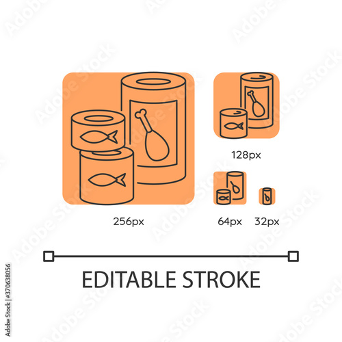 Canned goods and soups orange linear icons set. Preserved meat in tin. Fish products. Thin line customizable 256, 128, 64 and 32 px vector illustrations. Contour symbols. Editable stroke