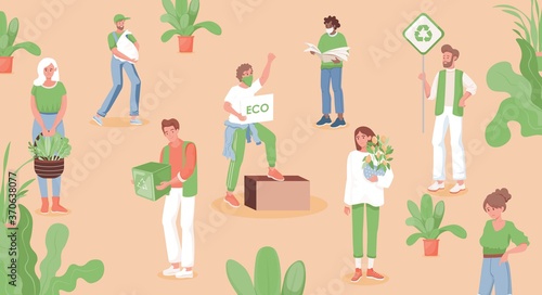 Group of eco activists protesting against environmental pollution vector flat illustration. Men and women in garden or city park holding placards, plants, and containers for recycling of waste.
