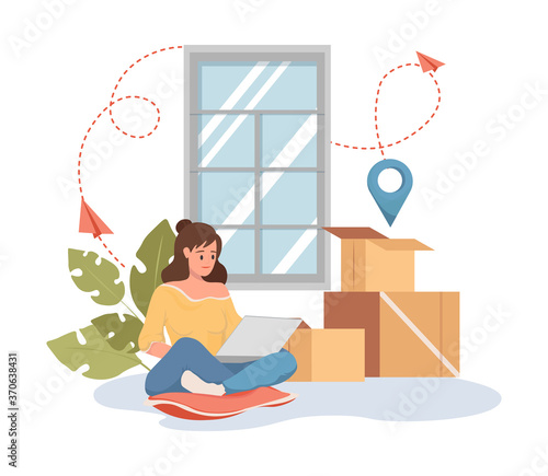 Young woman in comfortable clothes sitting on the floor and make an order on laptop vector flat cartoon illustration. Cargo transportation, online relocation service concept.