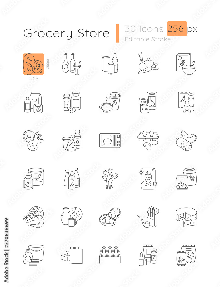 Grocery linear icons set. Various supermarket food sections. Drink products.Customizable thin line contour symbols. Isolated vector outline 256 x 256 px illustrations. Editable stroke