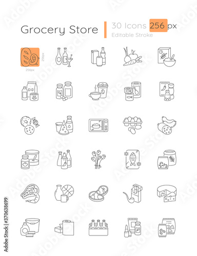 Grocery linear icons set. Various supermarket food sections. Drink products.Customizable thin line contour symbols. Isolated vector outline 256 x 256 px illustrations. Editable stroke