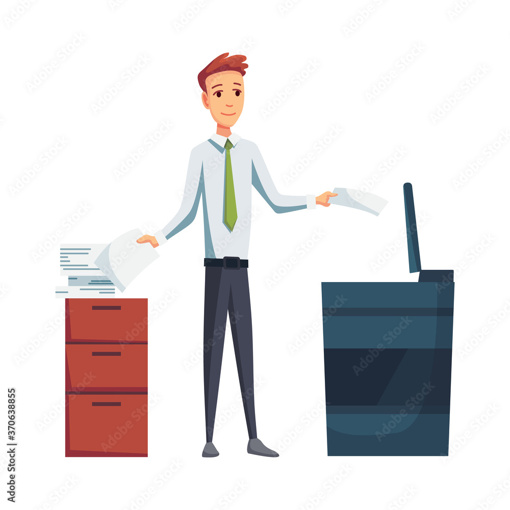 Office documents copier. Office worker prints documents on the copier. Man works on a photocopier. Concept of office work Office documents copier. Office worker prints documents on the copier. Man works on a photocopier. Concept of office work