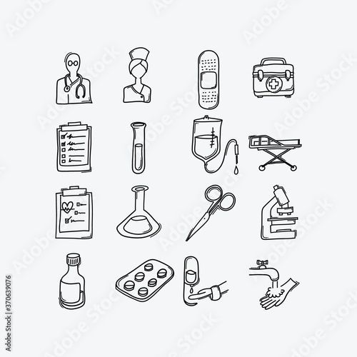 Health vector doodle icons set. Drawing sketch illustration hand drawn line esp10