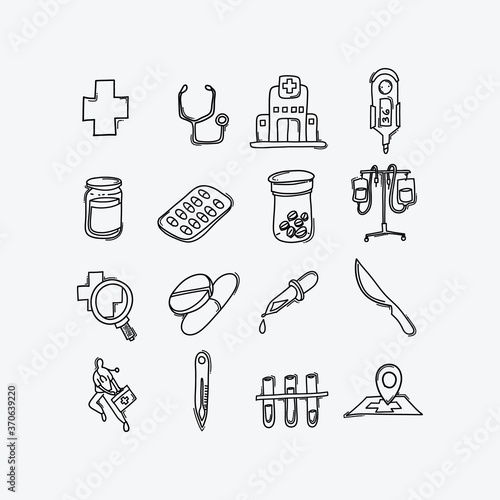 Health vector doodle icons set. Drawing sketch illustration hand drawn line eps10
