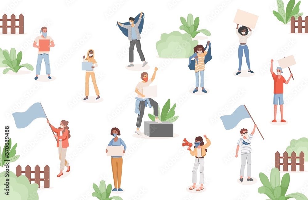 Group of people in protective face masks holding flags, loudspeakers, and placards vector flat illustration. Men and women protesting during meetings in urban park. Demonstration, protest.