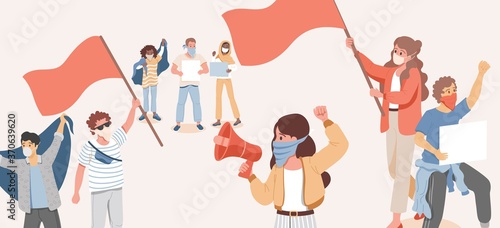 Group of people in protective face masks holding flags, loudspeakers, and placards and protesting vector flat cartoon illustration. Social movement, activism, meeting during coronavirus outbreak.