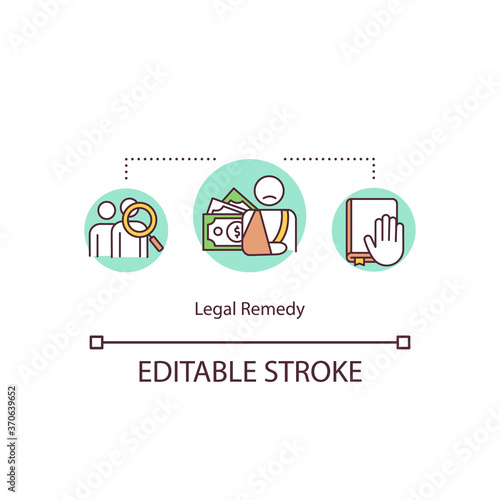 Legal remedy concept icon. Judicial relief idea thin line illustration. Legal relief. Civil law jurisdiction. Compensation. Vector isolated outline RGB color drawing. Editable stroke