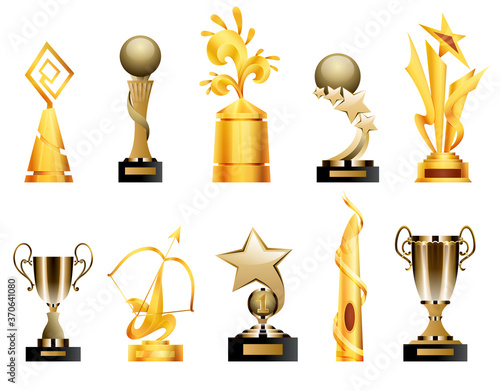 Awards and trophy cups. Triumph sport awards and prizes, winner trophy gold cup illustration. Best competition achievements. Awards in different shapes