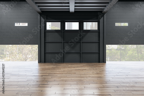 Contemporary gallery interior with black door  wooden floor