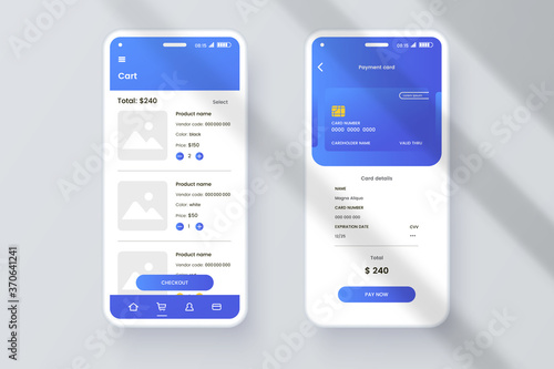 Mobile phone screen mock-up for application interface presentation. User interface design template. Online payment GUI concept isolated on grey background with shadow overlay effect. Vector eps 10.