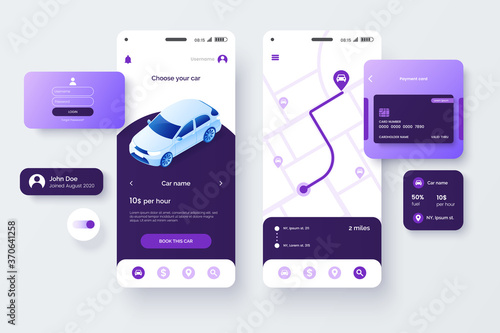 Car share service mobile application template. UI, UX, GUI design elements. User Interface kit isolated on grey background. Car sharing app. Vector eps 10.