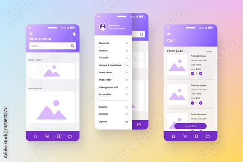 Conceptual mobile phone screen mock-up for application interface presentation. User interface design template. UI, UX, GUI concept isolated on colorful gradient background. Online store app. Eps 10.