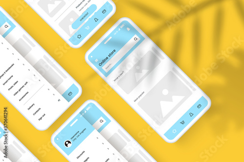 Mobile phone screen mock-up for application interface presentation. User interface design template. Online store GUI concept isolated on yellow background with shadow overlay effect. Vector eps 10.