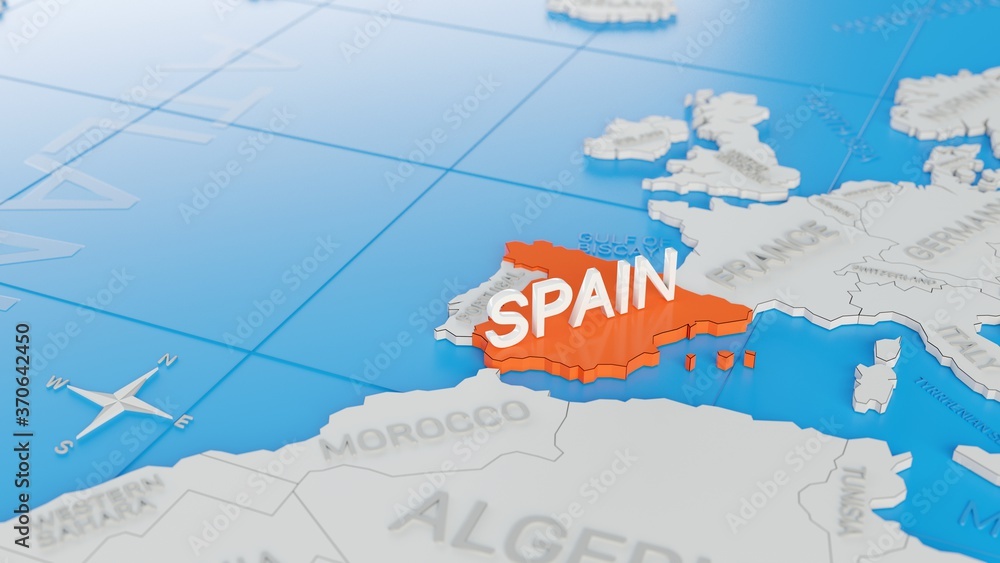 Obraz premium Spain highlighted on a white simplified 3D world map. Digital 3D render.