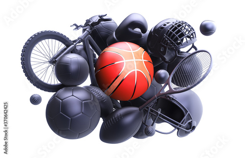 Sport balls pile 3D rendering, mono colored background. Soccer, tennis, basketball, football,boxing, volleyball equipment set isolated on white background.