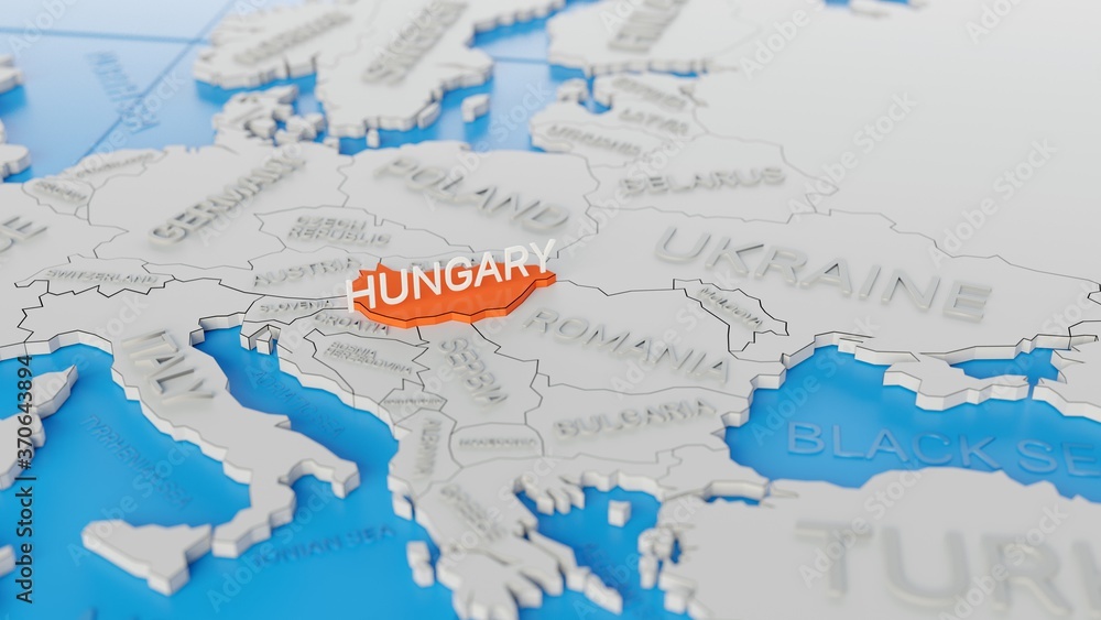 Hungary highlighted on a white simplified 3D world map. Digital 3D render.