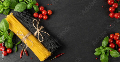 Raw Black Spaghetti, Dry Pasta with Cuttlefish Ink
