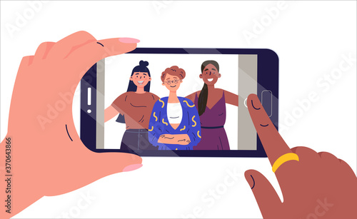 Cartoon selfie for mobile device design.Smartphone screen with girlfriends selfie.Girls take photos on the mobile phone.Flat vector illustration for social media.Funny cartoon women characters.