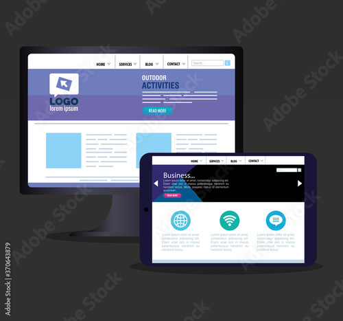 mockup responsive web, concept website development in desktop computer and tablet device vector illustration design