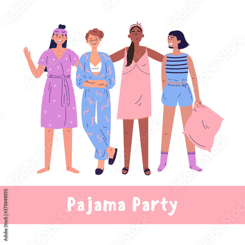 Pajama party vector cartoon illustration.Teenagers have fun together.Set with cute girls.Vector young ladies.Fashionable women.Poster, flaer or banner for your event.Girlfriends in pajamas.