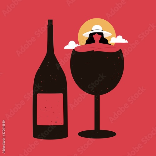 Abstract vector illustration with woman, wineglass and wine bottle. Trendy print design, bar wall decoration poster, vacation concept art