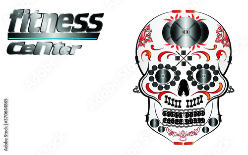 SUGAR SKULL. SKULL FITNES. FITNESS CENTER. FITNESS CENTER ILLUSTRATION WITH SKULL SHAPES. SKULLS ARRANGED WITH FITNES TOOLS. VECTOR