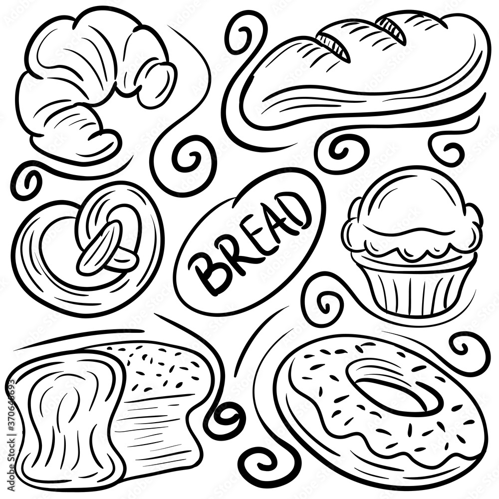 Bread and Bakery Food Hand Drawn Doodle. simple and trendy Sketch Vector illustration
