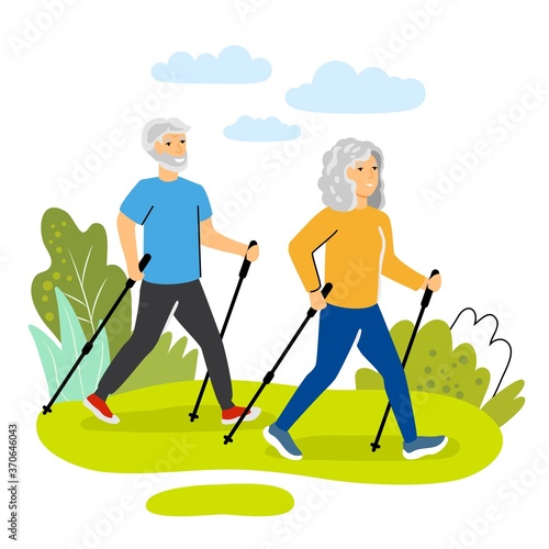 Happy old men and women couple performing nordic walking Flat cartoon characters Vector illustration concept. Healthy outdoor activity for elderly people