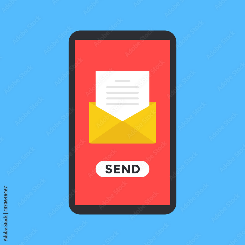 Sending email. Smartphone and envelope with document and button on screen. Send letter, message, e-mail concepts. Modern flat design. Vector illustration Sending email. Smartphone and envelope with document and button on screen. Send letter, message, e-mail concepts. Modern flat design. Vector illustration