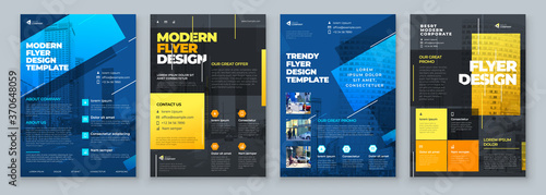 Flyer Design Set. Dark Blue an Yellow Modern Flyer Background Design. Template Layout for Flyer. Concept with Dynamic Line Shapes. Vector Background.