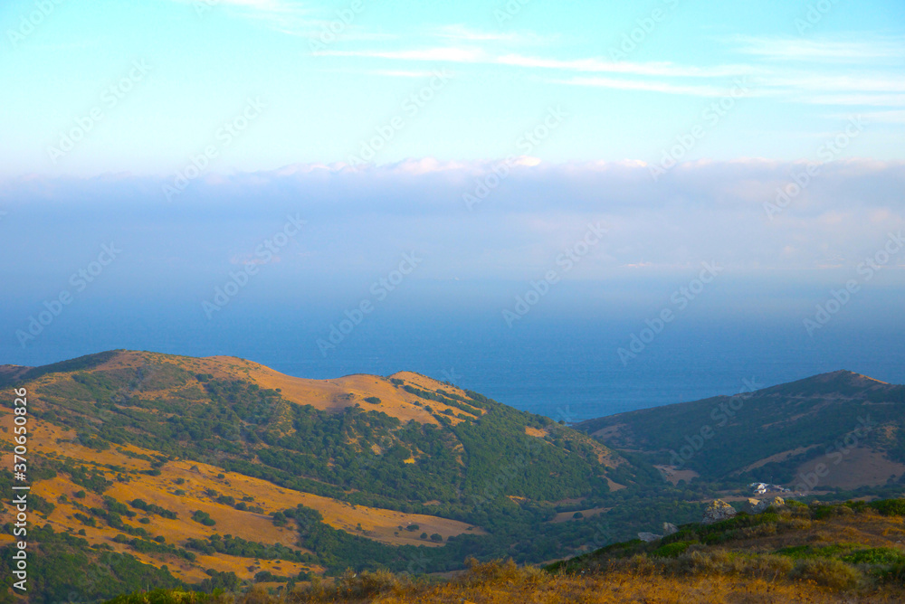 Beautiful panorama on the Strait of gibraltar from Tarifa, with the maroccan coast on the background, Tarifa, Gibraltar, Andalusia, Spain, UK. 