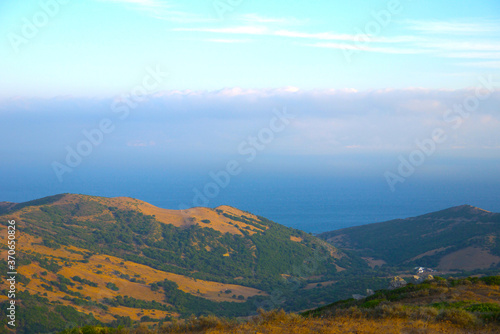 Beautiful panorama on the Strait of gibraltar from Tarifa, with the maroccan coast on the background, Tarifa, Gibraltar, Andalusia, Spain, UK. 