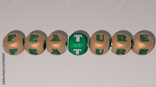 FEATURE text by cubic dice letters. 3D illustration. building and background