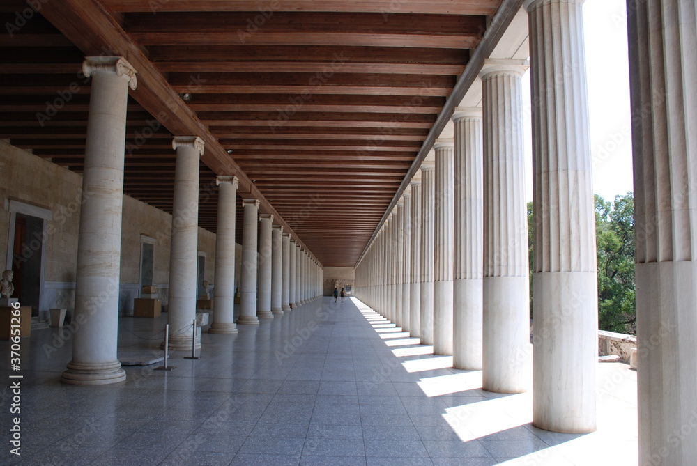 Athens, Greece, August 2020: The stoa of The Ancient Agora of Athens  during the coronavirus period