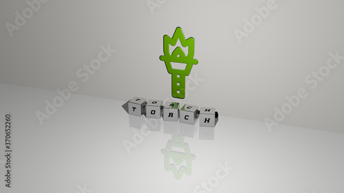 torch text of cubic dice letters on the floor and 3D icon on the wall. 3D illustration. fire and background