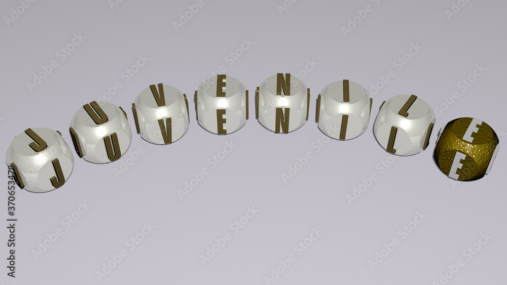 JUVENILE curved text of cubic dice letters. 3D illustration. girl and beautiful JUVENILE curved text of cubic dice letters. 3D illustration. girl and beautiful