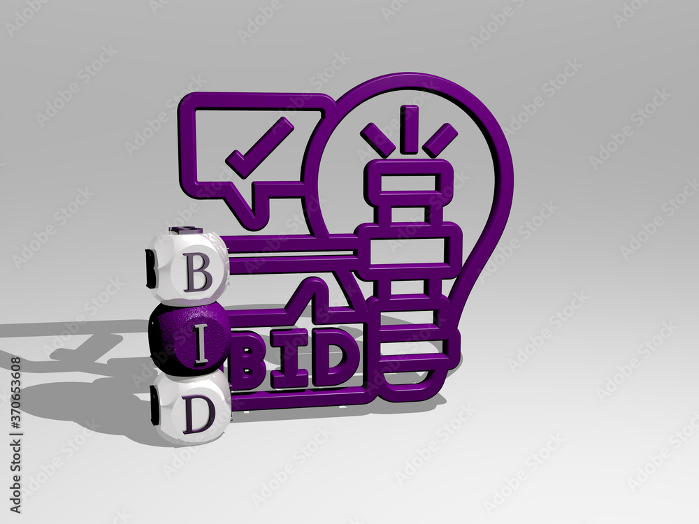 3D illustration of bid graphics and text around the icon made by metallic dice letters for the related meanings of the concept and presentations. auction and business