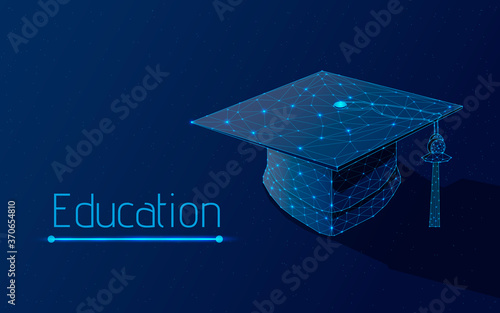 graduation cap of a university, school or institute graduation cap, online learning concept Polygonal abstract isolated on dark blue, plexsus, wireframe, vector illustration, dots, triangle, low poly